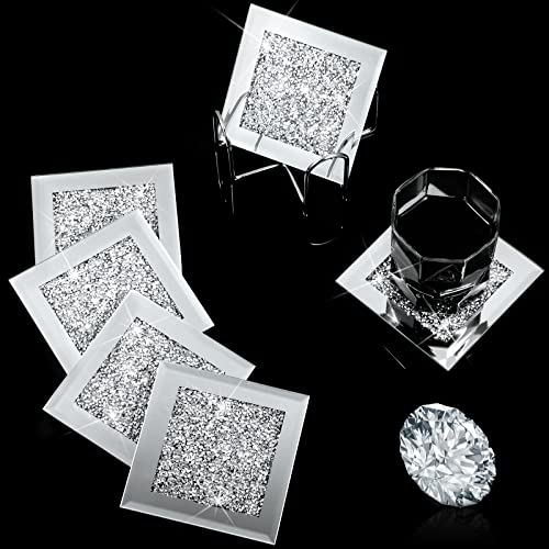 Jetec 7-teiliges Glas-Untersetzer-Set, 6 Stück quadratische Kristall-Untersetzer mit Halter für Getränke, Silber, Glitzer, Tisch, Bar-Zubehör