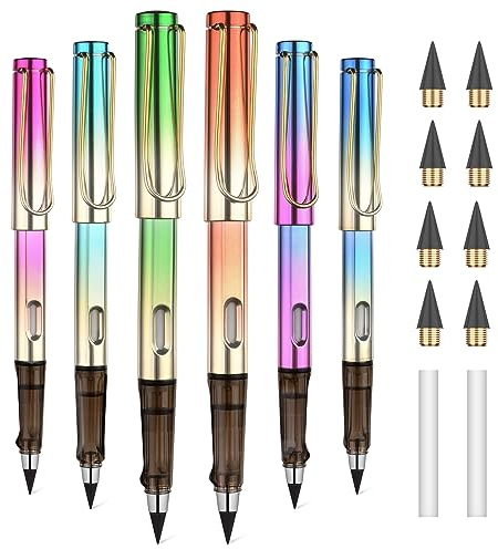 OFFCUP Ewiger Bleistift Metall, 6 Stück Tintenlose Bleistifte Ewig, Unendlicher Bleistift mit Radiergummi, Magischer Bleistifte mit Wechselkopf Magic Pencil Infinity für Erwachsene Studenten -Bunt