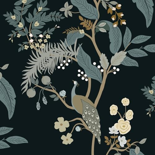 Fiula Selbstklebende Tapete 41CMx6M Blumen Vögel Tier Tapeten Blätter Schwarz Klebefolie Dekrofolie Wasserdicht Vinyl Vintage Wandverkleidung Klebtapete für Wohnzimmer Schlafzimmer Möbel Gelb