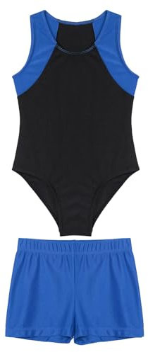 Yruioon Kinder Jungen Turnanzug Gymnastikanzug Ärmellos Ballettanzug Ballett Trikot Leotard Sport Body mit Shorts Gym Turnen Sportwear Blau 170-176