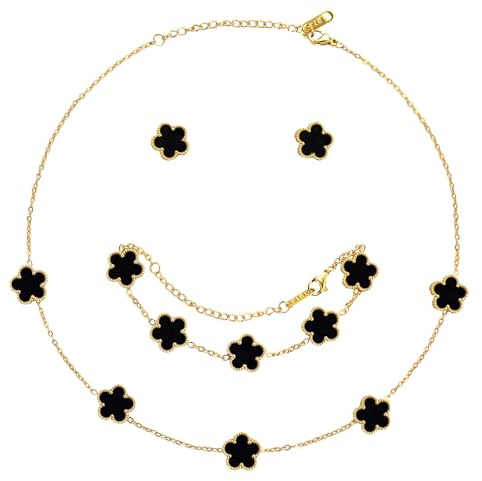 AmorArtSky Lucky Clover Necklace Jewelry Sets,18K Gold Plated Flower Design Five Leaf Bracelet,Clover Necklace Pendant,Clover Earrings for Women Lucky Gifts for Mom,Wife, Daughter,Friends