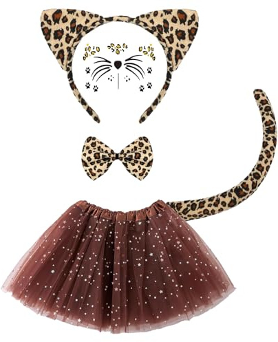 PMELCXD 5 Pièces Déguisement Animaux Enfant Costume Léopard avec Accessoires, Jupe Ballet, Oreilles, Queue et Stickers Visage, Taille Standard, Idéal pour Fête et Halloween