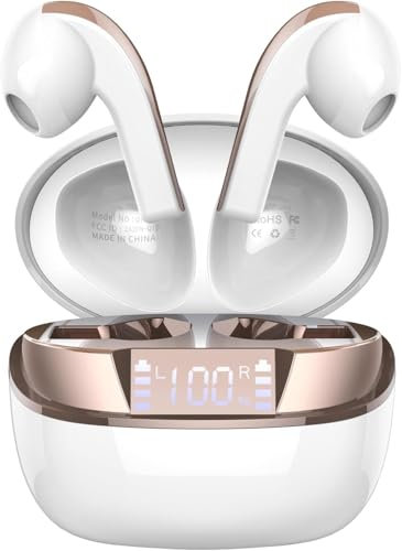 Auriculares Inalámbricos Bluetooth, Auriculares Bluetooth 5.4 con 4 HD Mic, HiFi Estéreo Cascos Inalambricos, Ajuste Cómodo Auricular,47H/LED Reducción de Ruido Cascos,IP7 Impermeable,USB-C,oro blanco