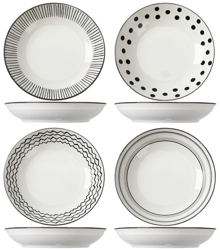 TuYines Ceramic Deep Dinner Plates Set of 4 Patterned,8 Inch Ceramic Dessert Plates,Salad Plates Set,Dinnerware Set for Pasta Bowls,Ramen Microwave & Dishwasher Safe