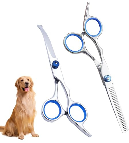 Menibeuty Ciseaux de Toilettage pour Chiens et Chats, Lot de 2 Professionnels en Acier Inoxydable, avec Embouts de Sécurité Ronds, Ciseaux Incurvés pour Coiffure Animal