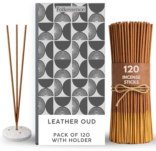 Folkulture Premium Incense Sticks with Holder, Leather Oud(120 Sticks) | Luxury, Organic, Non Toxic, 45 Mins, Long Burning Incense for Relaxation, Aromatherapy, Birthday Gifts for Him