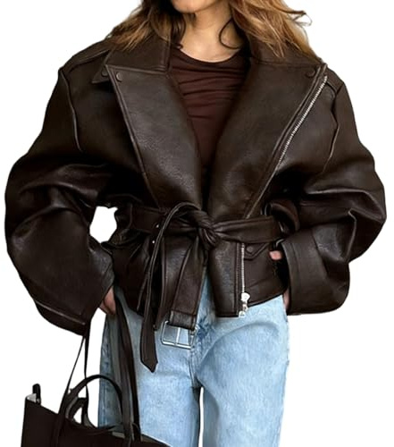 Giacca in similpelle, giacca corta in similpelle, manica lunga, cerniera, bomber PU, bavero, cerniera, stile motociclista, cappotto corto