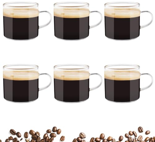 Wozzies Juego de 6 tazas de café, 100ml Vasos Cafe Cristal, Tazas de Te con Manija para Espresso, Capuchino y Vino Tinto Caliente, Son Regalos Ideale