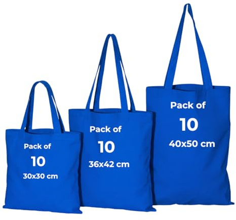 IMFAA Canvas Tote Återanvändbara shoppingpåsar, paket med 10, 100 % bomull, idealisk för tryck och broderi i flera färger, bomullsfoder, maskintvätt, unisex-vuxna, BLÅ, Large(50x40+60)