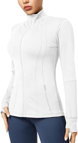 QUEENIEKE Kurze Damen Sportjacke – Leichtes atmungsaktives Yoga-Oberteil mit Daumenlöchern für Fitness & Training (Weiß, M)