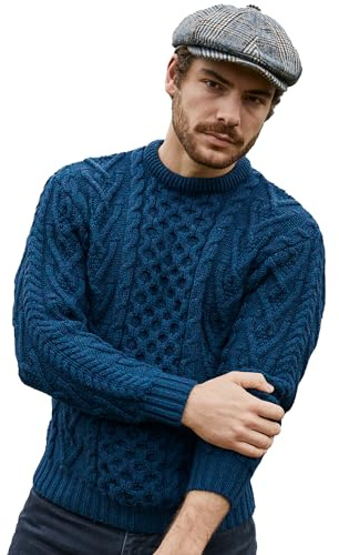 SAOL 100% lana merino da uomo tradizionale irlandese Aran girocollo lavorato a maglia maglione pullover, blu oceano, M