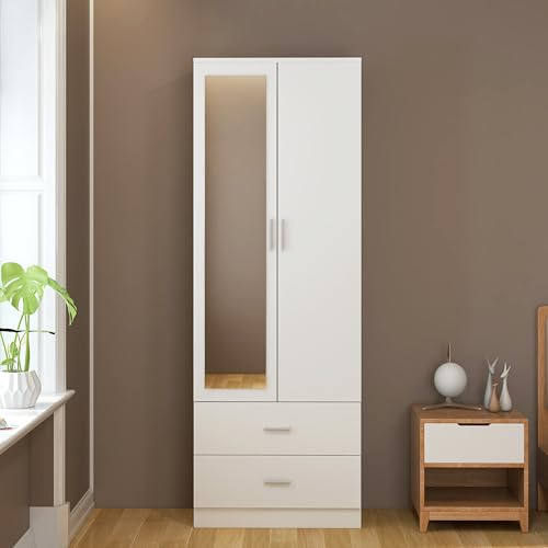 Panana 2 Doors Mirrored Wardrobe for Small Bedroom Bedroom Furniture Robe with 2 Drawers, Hanging Rail, 77 x 50 x 180 cm (White)