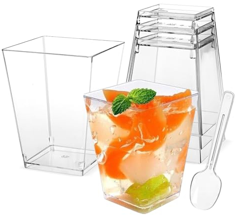 Mualady 60 Pezzi Tazze da Dessert, 150ml Bicchieri Plastica Coppe da Dessert con 60 Cucchiai, Trasparente Bicchierini Finger Food, Riutilizzabili Quadrate Cciotoline Monoporzione per Gelati, Mousse