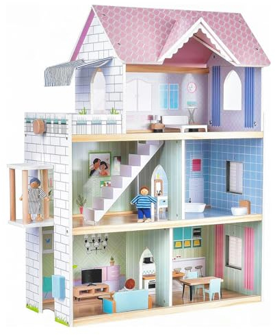 Giant bean Pink Wooden Dollhouse with Furniture Set for Girls, 2.6 feet High with Elevator,Doorbell, Light,15 Pieces Furnitures & 3 Dolls,Toddler Playhouse Toy for Girls Ages 3-7+