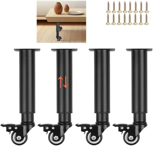 HUIHONGHOME Set of 4 Metal Adjustable Furniture Legs with Caster Wheels for Dresser Sofa Couch Coffee Table Cabinet Heavy Duty Replacement Support Legs Movable (245mm-360mm)