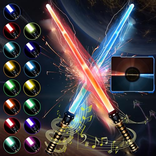GUBOOM Espada Láser para Niños, 2 Piezas Sable de Luz, 15 Colores Sonido de Combate Simulado, 2 en 1 Lightsaber, Sable de luz Juguete,Lightsaber con Sonido por Cumpleaños Regalos y Cosplay para Niños