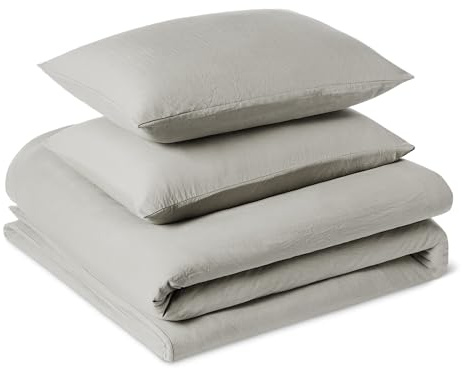 Amazon Basics 3-Piece Brushed Microfibre Double Duvet Set, Extra Soft Bedding, Relaxed Lived-In Look with Natural Creases, No Ironing Required, Duvet Cover 200x200 cm & 2 Pillowcases 50x80 cm, Grey