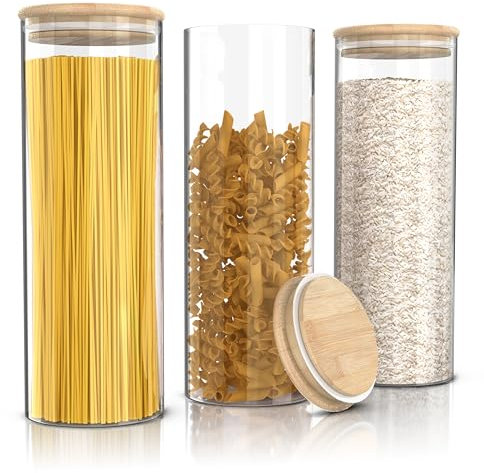 Arendo - Vorratsgläser mit Deckel 2 Liter - 3er Set - 10 x 28 cm / - Glasbehälter aus Glas – hitzebeständig – Vorratsdosen mit Holzdeckel - luftdicht - für Müsli Zucker Mehl Spaghetti Kaffee Reis