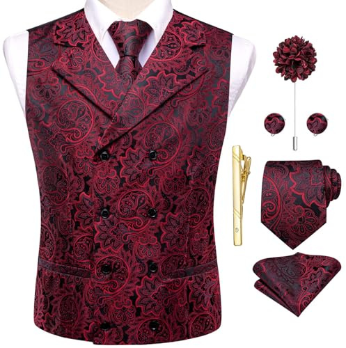 Hi-Tie Mens Red Black Floral Suit Vests Tie Set Silk Victorian Vest Lapel Pin Gold Tie Clip Double Breasted Steampunk Tuxedo Waistcoat Valentine's Day