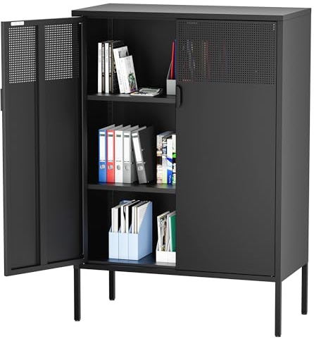 Metallbyrå 80 cm bred, förvaringsskåp skänk med 2 nätdörrar, metallskåp i svart, universalskåp med flexibla hyllor, arkivskåp och kontorsskåp för hem och kontor