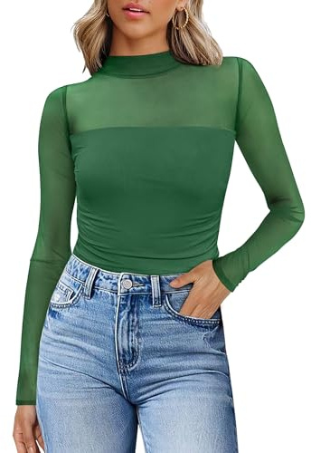 WIHOLL Women's Mock Turtle Neck Fitted Long Sleeve Tops Sheer Mesh Ruched Trendy Going Out Shirts Blouse Green L