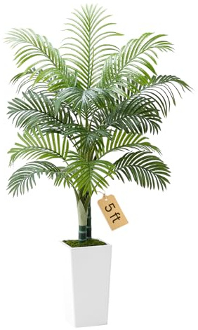 VEVOR Artificial Areca Palm Tree 1524 mm, Fake Palm Tropical Plants with White Tall Planter, Faux Floor Silk Plant in Pot, Large Trees for Home Office Living Room Decor House Warming, Indoor Outdoor