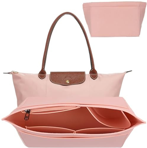 FANGCCC väskorganisatör för Longchamp L, handväskorganisatör i rosa filt med flera fickor, vikbar och bärbar