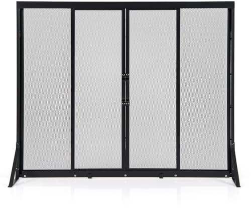 GIANTEX Schermo per Camino con Porte Scorrevoli in Metallo, Parascintille Protettivo 89 x 72/96 x 79 CM per Isolare Scintille e Cenere, Parascintille Camino con Supporto Triangolare (96 x 79 cm)