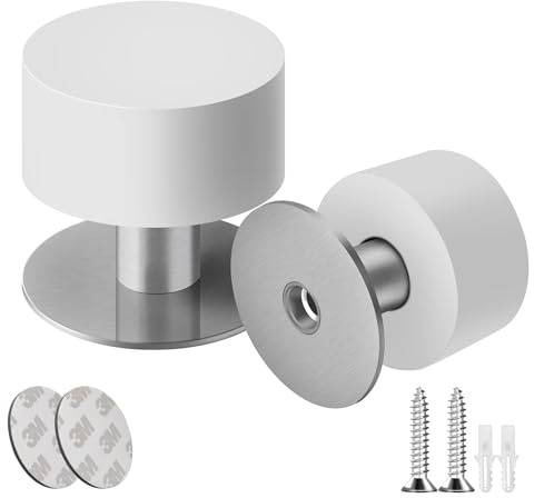 SZWLJ 2PCS White Self-Adhesive Door Stops, Wall Mounted Door Stoppers, Rubber & Stainless Steel Doorstop for Home and Office Door Noise Reduction & Shock Absorption (Screws, Plugs, Stickers)