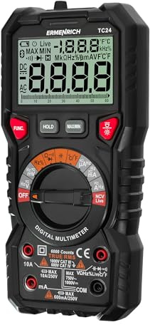 Ermenrich Zing TC24 Digitales Multimeter, AC/DC Strom, Kapazität, Frequenz, Tastverhältnis, Thermoelement, Widerstand, TRMS, Batterietest und Diodentest, NCV, LCD-Display, Grafische Skala