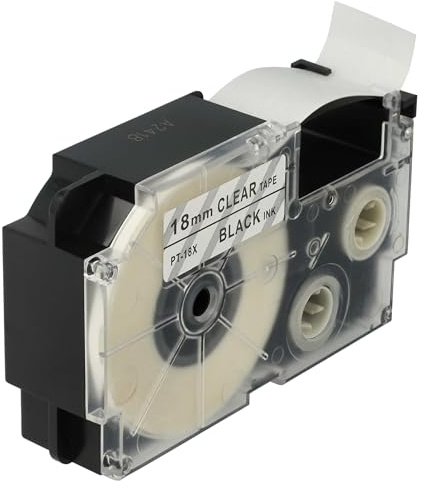 vhbw cinta de escritura reemplaza Casio XR-18X1, XR-18X para impresora etiqueta 8m x 18 mm negro a transparente, pet+ RESIN