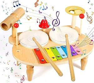DAJWJAN Ensemble Percussion Bois 10-en-1 – Table d’Éveil Musical