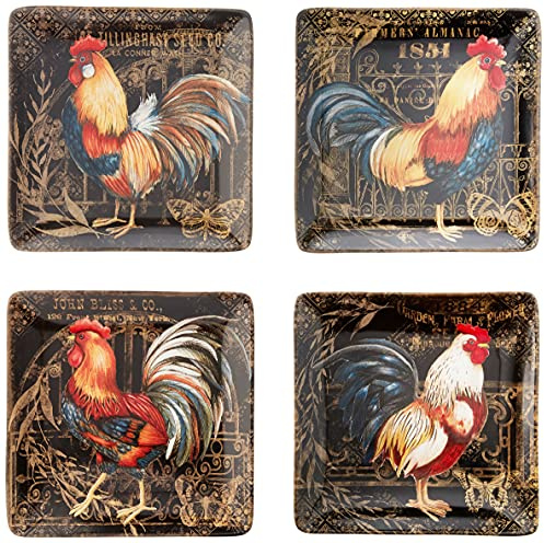 Certified International Gilded Rooster10.5 Square Dinner Plates, Set of 4 Assorted Designs