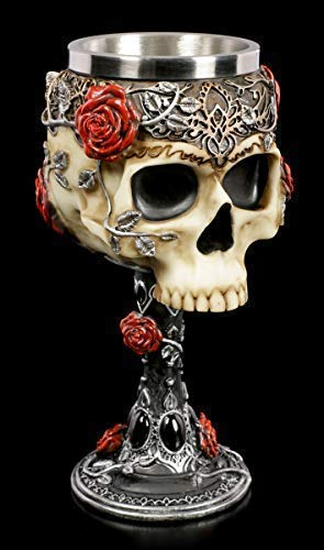 Figuren Shop GmbH Tête de Mort Gothique Trink-Kelch avec Rouges Roses Décoré - Gothique Roses Fantaisie Wein-Kelch, Peint à la Main