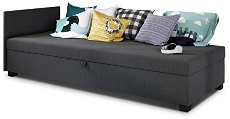 Sofa Misti II - Einzelbett, Schlafsofa mit Bettkasten, Bettsofa, Farbauswahl, Bettgestell, Komfortbett, Bett für Jugendzimmer, Schlafmöbel (Graphit (Lux 06))