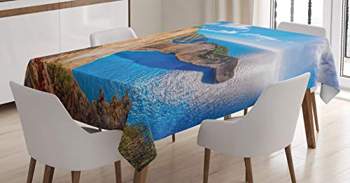 ABAKUHAUS Griechenland Tischdecke, Navagio auf der Insel Zakynthos, Personalisierter Druck Klare Farben ohne Verblassen Waschbar für Außen Bereich, 140 x 240 cm, Weiß Blau