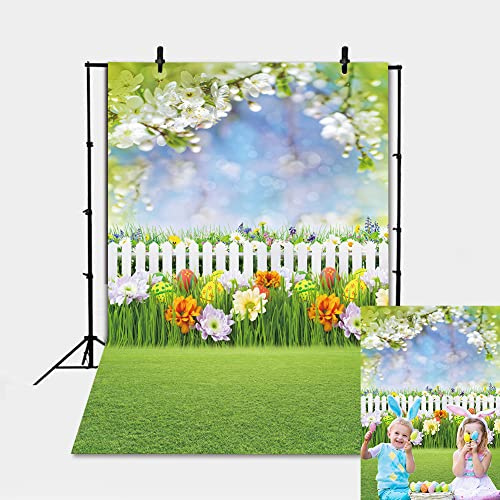 Toile de fond pour le printemps, Pâques, œufs de Pâques, jardin, clôture, herbe verte, ciel bokeh, arrière-plan pour photographie de bébé, enfants décoration 1,5 x 2,1 m