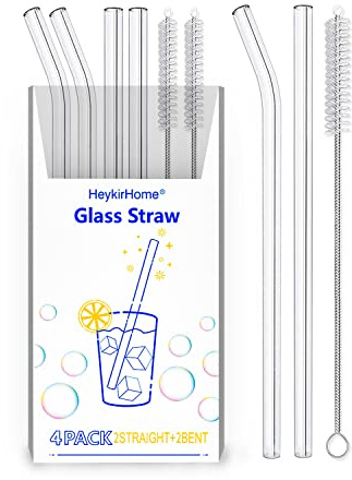 HeykirHome 4-Pack Reusable Glass Straw, Size 8.5''x10 MM,Including 2 Straight and 2 Bent with 2 Cleaning Brush- Perfect For Smoothies, Tea, Juice