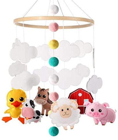 EXQULEG Djurmobil, baby, trä, mobil, baby, vindklocka med filtbollar, barnrum, hängande sängklocka, mobil för babysäng pojkar och flickor (B)