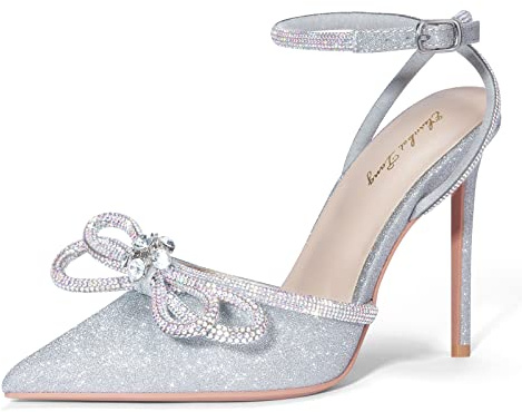Zhabtuc Scarpe col Tacco Alto da Donna, Sandali con Lacci e Fiocco in Raso e Strass, Punta affilata, Cinturini con Fibbia alla Caviglia, Argento Glitterato, 38.5 EU