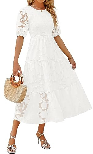 ZESICA Women's 2025 Summer Short Puff Sleeve Crewneck Smocked Floral Lace Flowy A Line Tiered Maxi Dresses,White,Medium