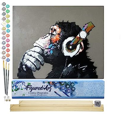 Figured'Art Malen Nach Zahlen Erwachsene Mit Rahmen Affe mit Kopfhörer - Paint by Numbers Basteln DIY Bastelset 40x50cm Mit Keilrahmen (nicht gespannt)