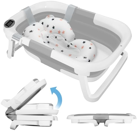 Groß Faltbare Babywanne mit Badematte, Baby Badewanne mit Integriertem Thermometer, Baby Wanne mit Duschkopfanschluss, Ergonomisch, Tragbare Badewanne Baby für Babys von 0-36 Monaten (Grau)