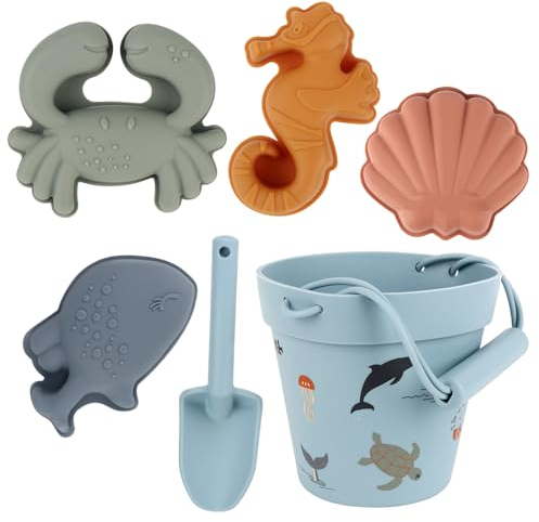 FENYW 6PCS Kinder Sandkasten Spielzeug Strand Sandspielzeug Set Silikon Strandspielzeug Set mit Eimer Schaufel und 4 Sandförmchen für Jungen und Mädchen Kinder ab 18 Monaten (Meerestiere)