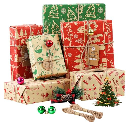 Papel de regalo de Navidad, 12 hojas de 70 x 50 cm, papel kraft reciclado rojo y verde con 6 diseños vintage (cuerda de yute de 20 m y 10 etiquetas de regalo)