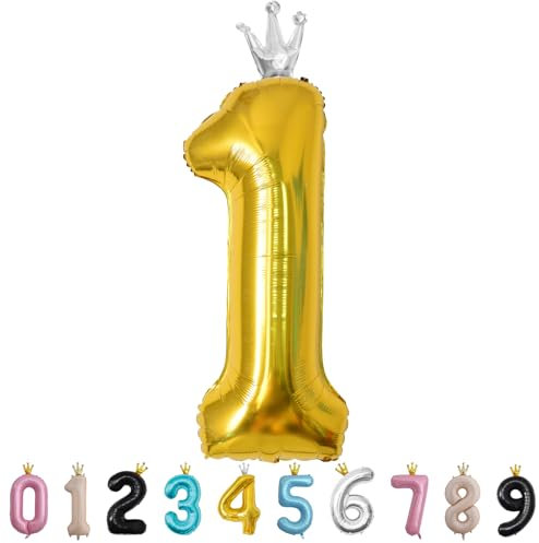 40inch Birthday Balloon,Golden Number 1 Balloon,Large Foil Age Balloon with Crown for 1st Kid's Birthday,Self Inflating Digital 1 Balloons 0/1/2/3/4/5/6/7/8/9 Birthday Party Decorations Supplies