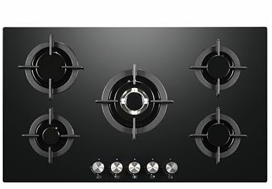 Cookology GGH906BK Gas Hob on Glass - 90cm Built-in 5 Burners - Powerful Wok Burner and Cast Iron Pan Supports - Auto Igniton - In Black