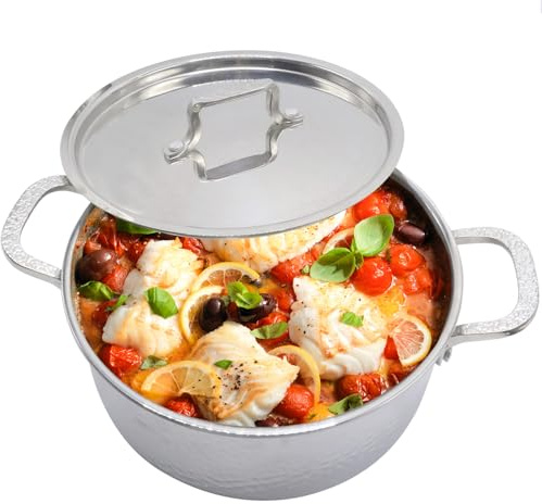 Vivicreate Tri-Ply Stainless Steel Stockpot Deep Cooking Pot with Hammered Exterior Compatible with All Stovetops Even Heat Distribution Durable Cookware for Soups Stews and More 3 QT