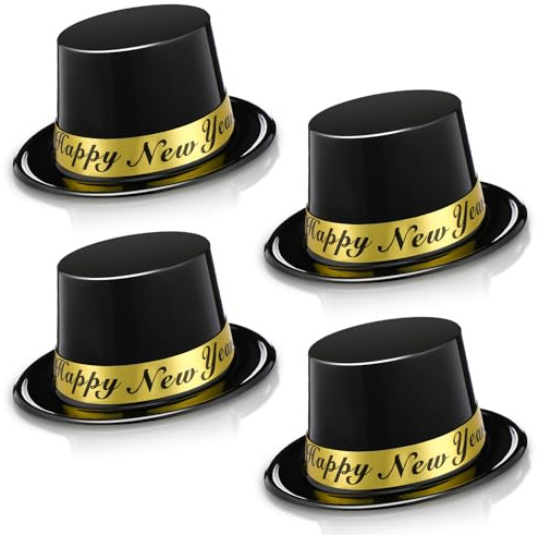 Geyoga 4 Pcs Happy New Years Top Hat 2026 Eve Party black Plastic Celebration Hats for New Years Eve Party Supplies Accessory Costume wear