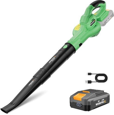 WORKPROX Souffleur de Feuilles sans Fil 20V 4,0 Ah, Souffleur Batterie avec Débit d’Air Puissant 222KM/H et Capacité 290 M³/H, Idéal pour Jardins, Allées, Terrasses